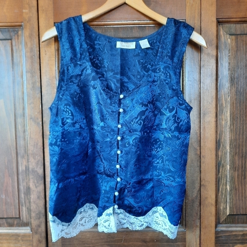 Vintage 1980s Victoria's Secret Gold Label Navy Paisley Satin Tank Size Small